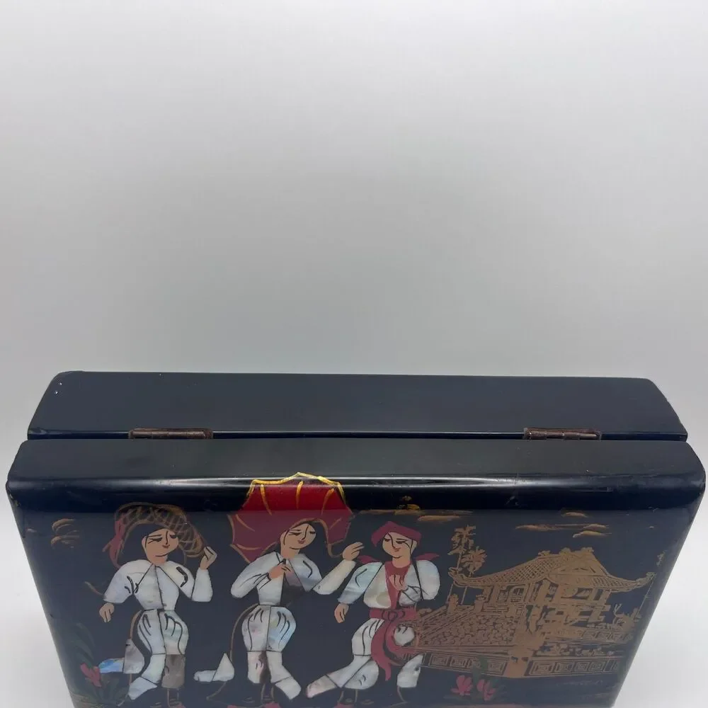 Vintage Asian Black Lacquer Jewelry Box, Inlaid Mother of Pearl Geisha Girls Box